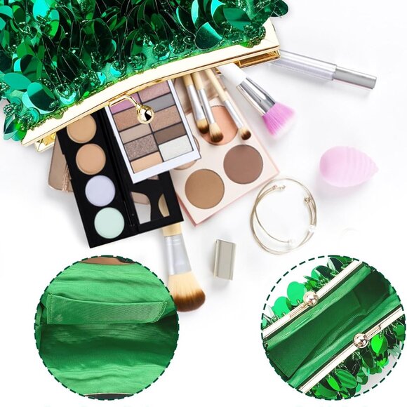 Green Sequin Evening Clutch Purse for Women | Elegant Glam Wedding Party Prom Ni - Picture 5 of 6
